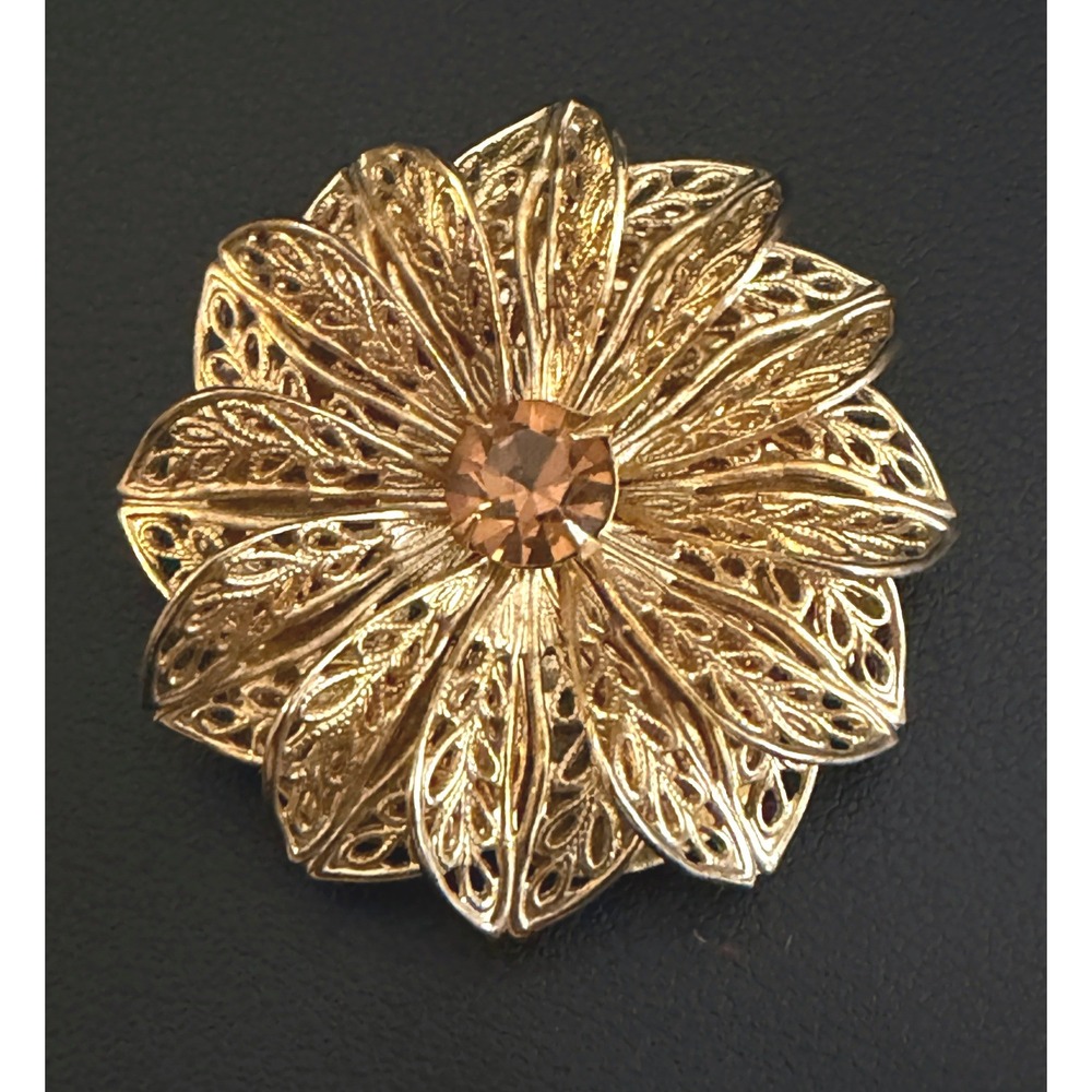 Vintage Rhinestone Scarf Clip Brooch Signed Lieba USA Gold Tone Filigree Fall